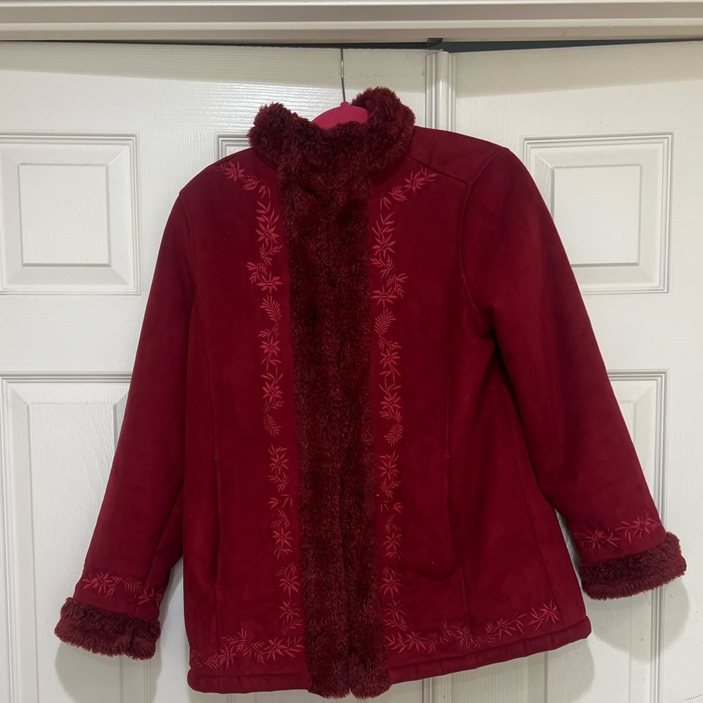 LL Bean Coat Womens Small  P Red Penny Lane Faux Fur Suede Embroidered Lined